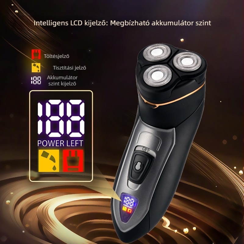 Férfiak számára elektromos borotva lebegő forgófejjel, beépített 500–800 mAh akkumulátor, akár 120 perc üzemidő, teljes testben mosható, nedves és száraz használat