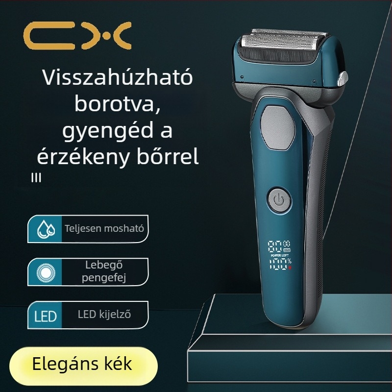 3 pengés reciprocáló fejű elektromos borotva, beépített 500–800 mAh akkumulátorral, LED kijelzővel, teljes test tisztítási funkcióval, 60+ perc üzemidő