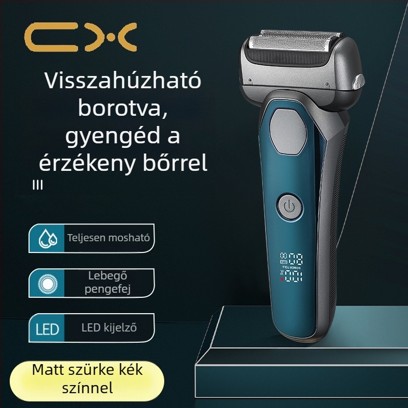 3 pengés reciprocáló fejű elektromos borotva, beépített 500–800 mAh akkumulátorral, LED kijelzővel, teljes test tisztítási funkcióval, 60+ perc üzemidő