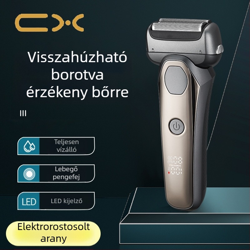 3 pengés reciprocáló fejű elektromos borotva, beépített 500–800 mAh akkumulátorral, LED kijelzővel, teljes test tisztítási funkcióval, 60+ perc üzemidő