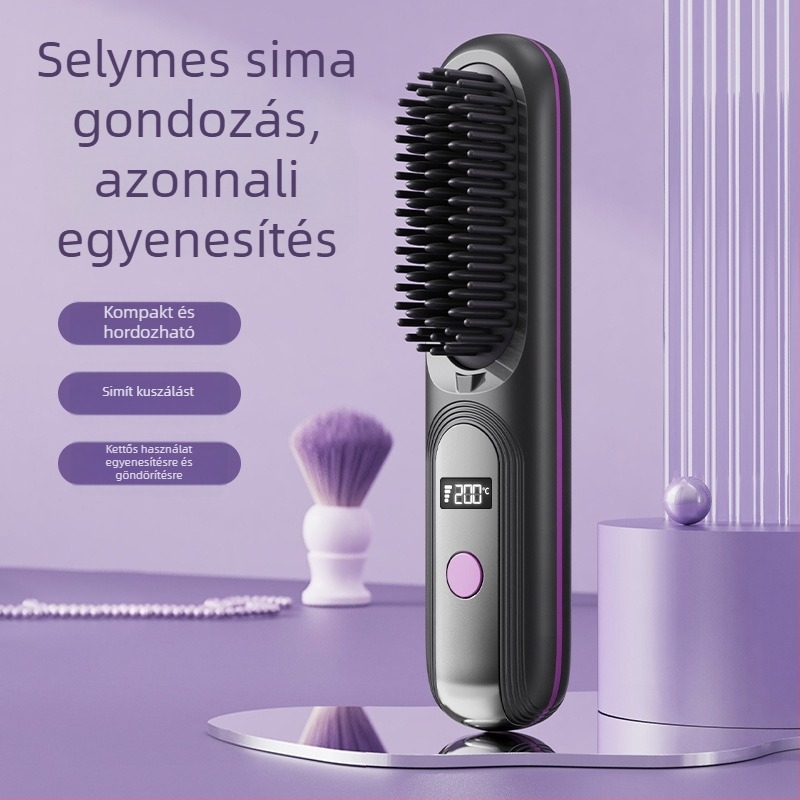 Vezeték nélküli LCD hajkiegyenesítő fésű, újratölthető, 4 hőmérséklet-szint, 35W, 4000mAh, nedves és száraz hajhoz
