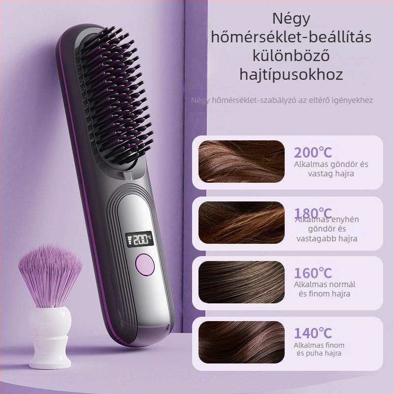 Vezeték nélküli LCD hajkiegyenesítő fésű, újratölthető, 4 hőmérséklet-szint, 35W, 4000mAh, nedves és száraz hajhoz