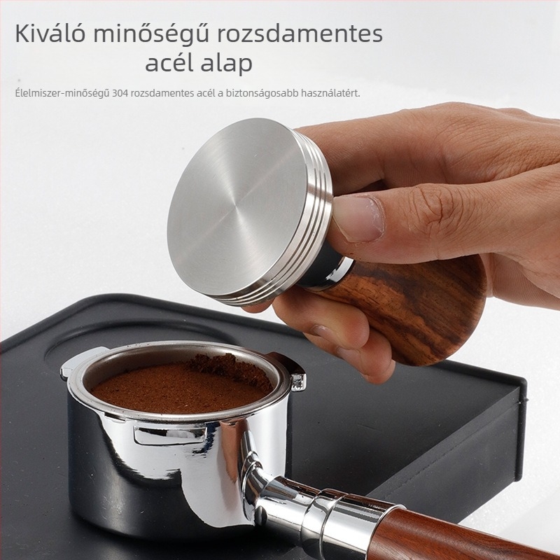 Huayi kávépor prés, diófa és rozsdamentes acél, modern letisztult stílus; tartalmaz porkalapácsot; alkalmas bárhoz, kávézóhoz és étteremhez