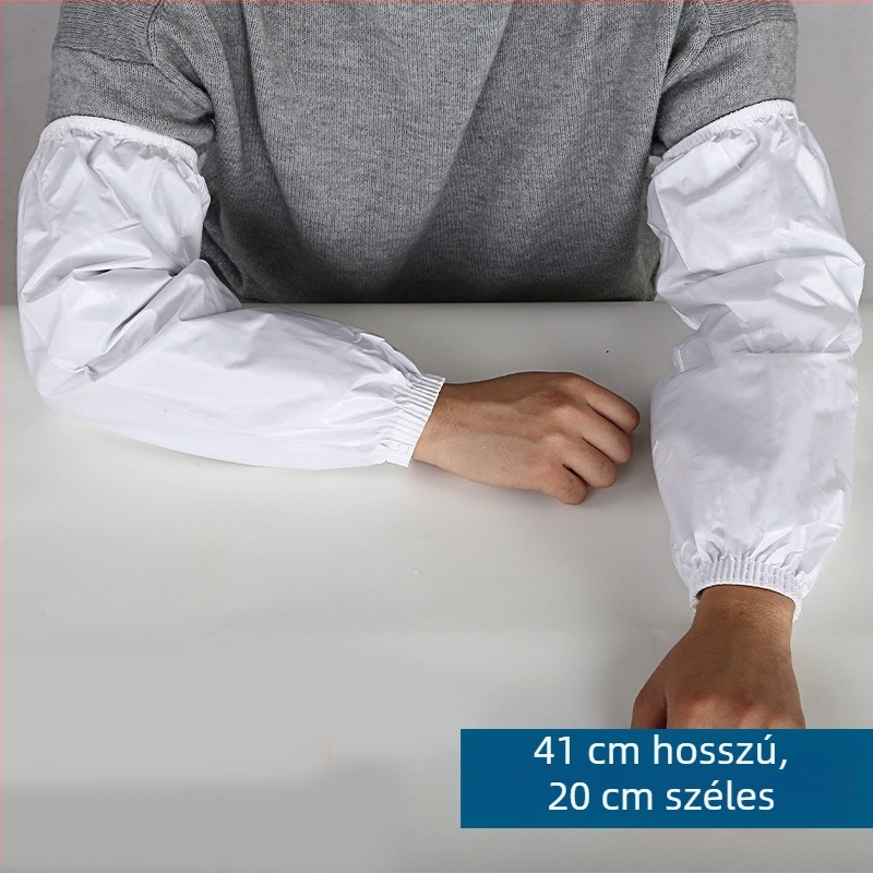 Hosszított, vízálló vászon ujjvédő felnőtteknek; szélesített kivitel, olajálló, ellenáll a gyenge savaknak és lúgoknak; könnyen tisztítható.