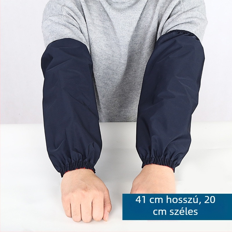 Hosszított, vízálló vászon ujjvédő felnőtteknek; szélesített kivitel, olajálló, ellenáll a gyenge savaknak és lúgoknak; könnyen tisztítható.