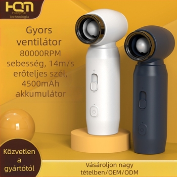 Kézi hordozható kültéri turbín ventillátor beépített 4000–6000 mAh-s akkumulátorral, USB töltés, brushless motor, lépés nélküli sebességszabályozás, üzemidő 1–3 óra