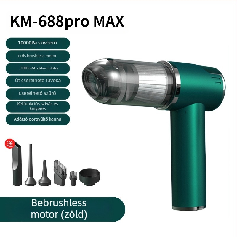 Nélkülözhető vezeték nélküli kézi porszívó autó- és otthoni használatra, ciklon fej, szívás 2100–3000 Pa, teljesítmény 75W, működési idő 0–1 óra, beépített akkumulátor 1600–2000 mAh