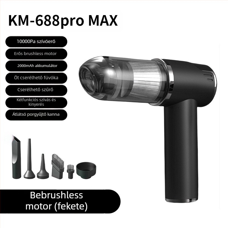 Nélkülözhető vezeték nélküli kézi porszívó autó- és otthoni használatra, ciklon fej, szívás 2100–3000 Pa, teljesítmény 75W, működési idő 0–1 óra, beépített akkumulátor 1600–2000 mAh