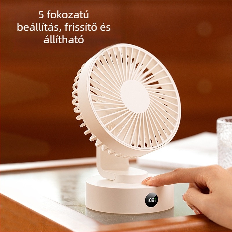USB asztali ventilátor, 5‑lapátos ventilátor, kefementes motor, 5V/5W, beépített 1200–2000mAh akkumulátor
