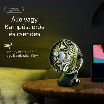 Asztali csipeszes ventilátor USB-s újratölthető, brushless motor, 5 sebesség, alacsony zaj, beépített 1200–2000 mAh akkumulátor