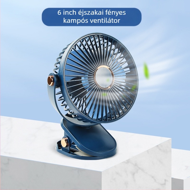 Asztali csipeszes ventilátor USB-s újratölthető, brushless motor, 5 sebesség, alacsony zaj, beépített 1200–2000 mAh akkumulátor