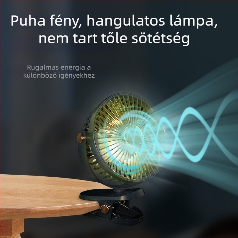 Asztali csipeszes ventilátor USB-s újratölthető, brushless motor, 5 sebesség, alacsony zaj, beépített 1200–2000 mAh akkumulátor