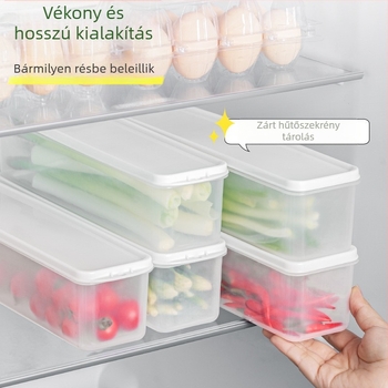 Hosszú, átlátszó hűtőszekrényben tároló doboz korianderrel, teljes újhagyma, tészta és tojásokkal