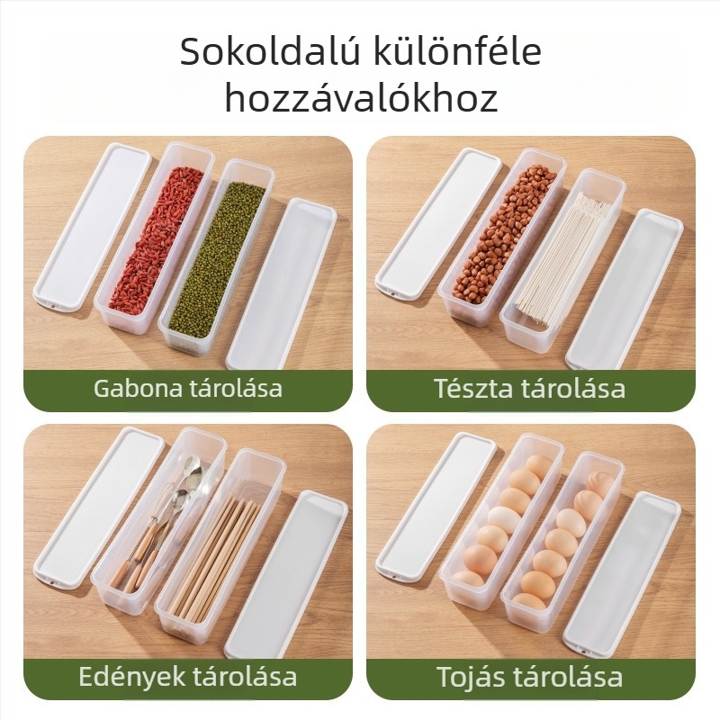 Hosszú, átlátszó hűtőszekrényben tároló doboz korianderrel, teljes újhagyma, tészta és tojásokkal
