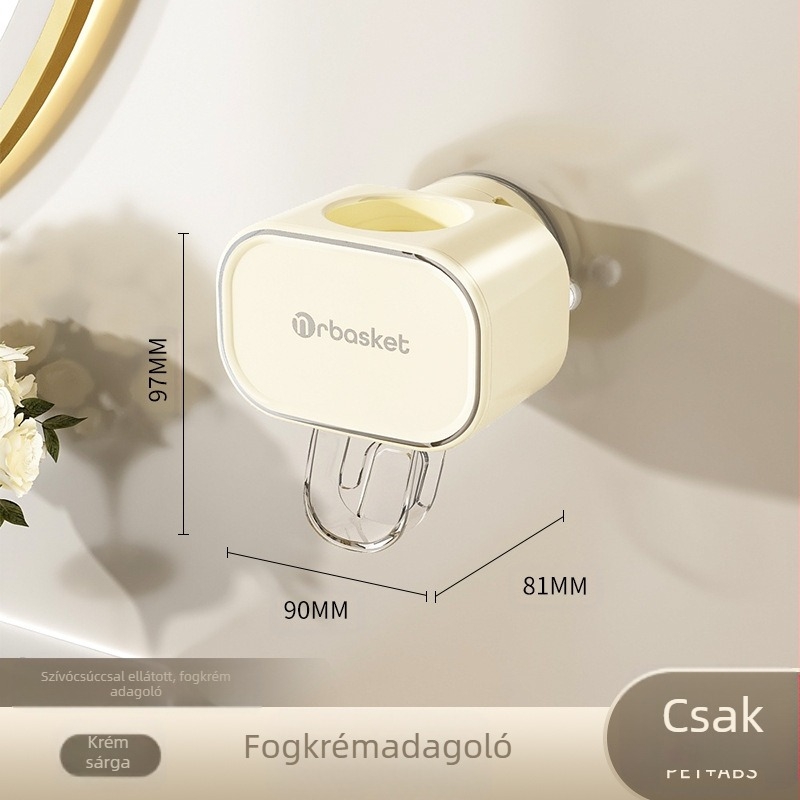 Fogkrém-szívó automata, falra szerelhető, szívóval, tartó fogkeféhez és fogkrémhez, licencelhető magáncímke