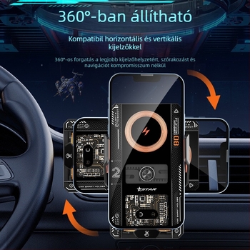 Autó légcsatornájához tartó telefontartó vezeték nélküli töltéssel, elektromos rögzítéssel, snap-on szereléssel, univerzális, 15W