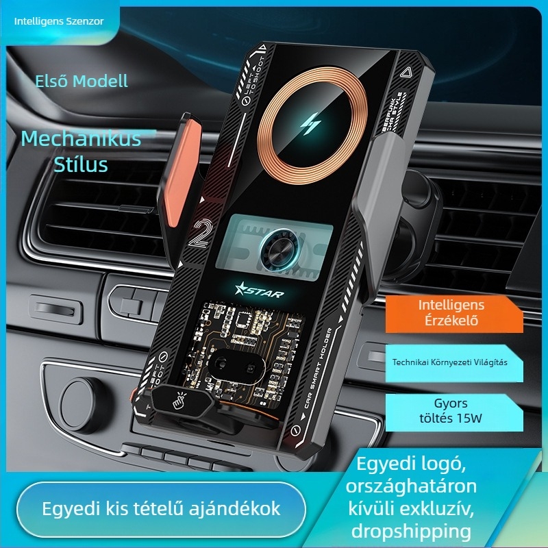 Autó légcsatornájához tartó telefontartó vezeték nélküli töltéssel, elektromos rögzítéssel, snap-on szereléssel, univerzális, 15W