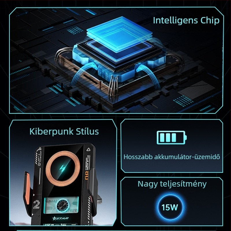 Autó légcsatornájához tartó telefontartó vezeték nélküli töltéssel, elektromos rögzítéssel, snap-on szereléssel, univerzális, 15W
