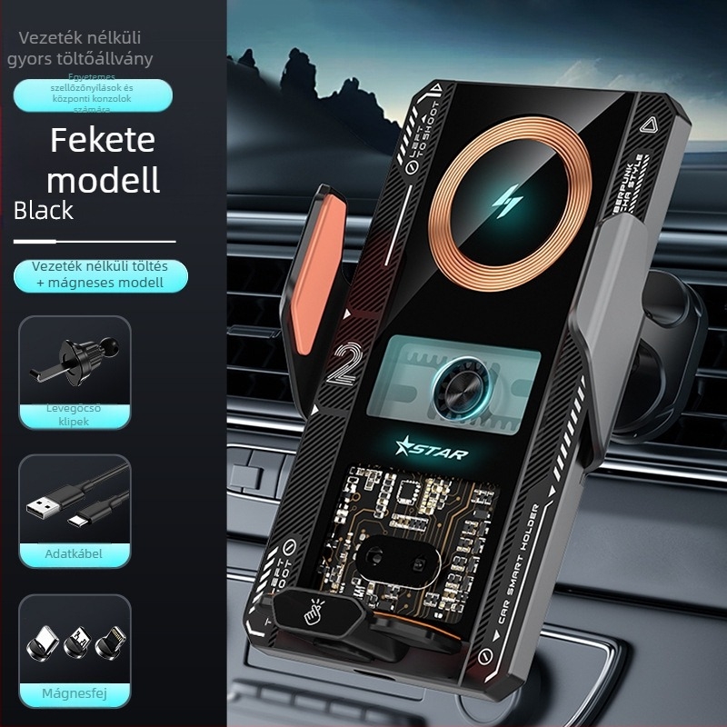 Autó légcsatornájához tartó telefontartó vezeték nélküli töltéssel, elektromos rögzítéssel, snap-on szereléssel, univerzális, 15W