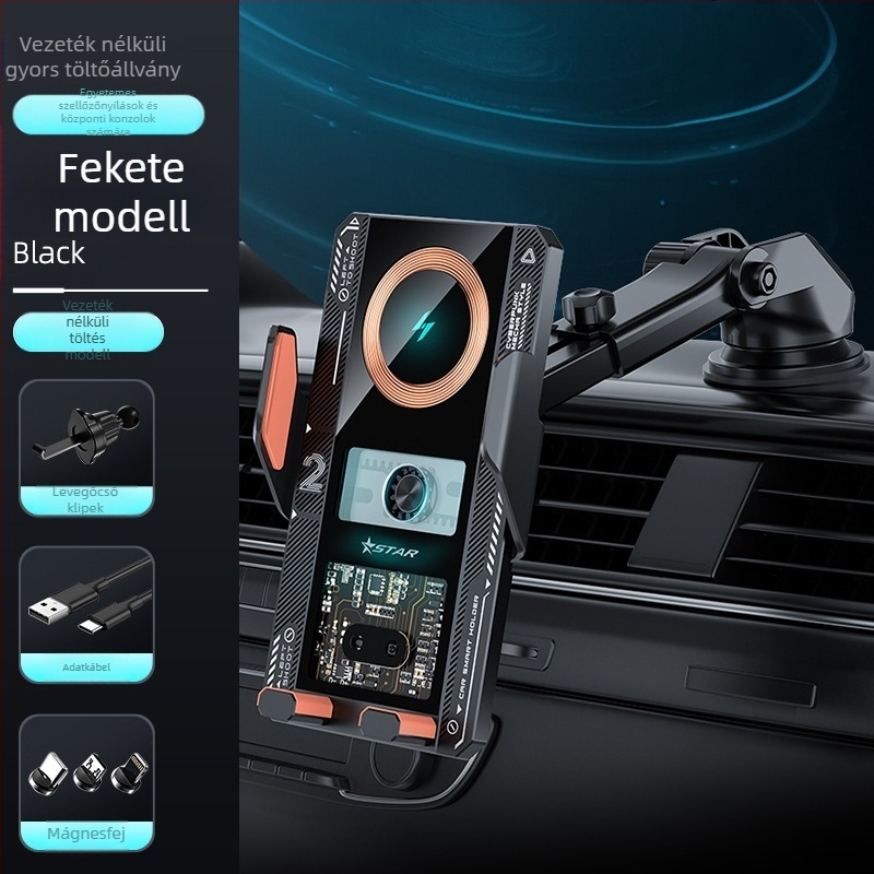 Autó légcsatornájához tartó telefontartó vezeték nélküli töltéssel, elektromos rögzítéssel, snap-on szereléssel, univerzális, 15W
