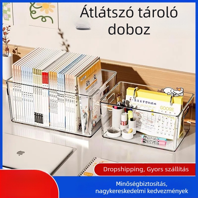 Asztali tároló doboz, átlátszó műanyag, 3L kapacitás, egymásra rakható, porálló, kozmetikumok és kisebb tárgyak számára