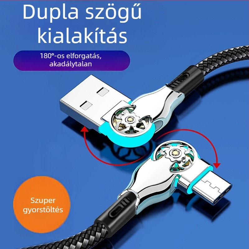 Hosszabbított LED-es forgó USB-C gyors töltés adatkábel, több interfész (Lightning, Micro USB, USB-C) Apple és Android készülékekhez autóban
