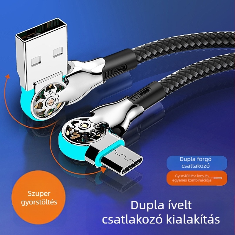 Hosszabbított LED-es forgó USB-C gyors töltés adatkábel, több interfész (Lightning, Micro USB, USB-C) Apple és Android készülékekhez autóban