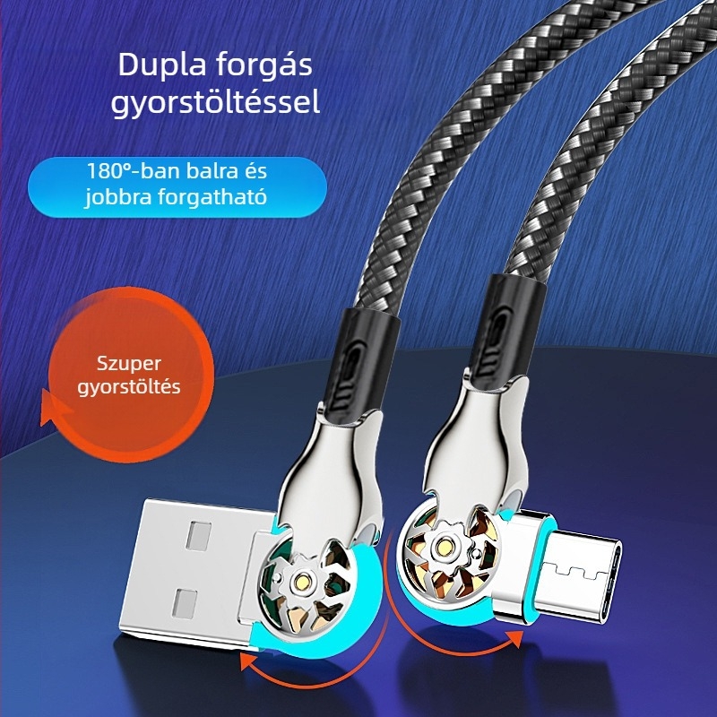 Hosszabbított LED-es forgó USB-C gyors töltés adatkábel, több interfész (Lightning, Micro USB, USB-C) Apple és Android készülékekhez autóban
