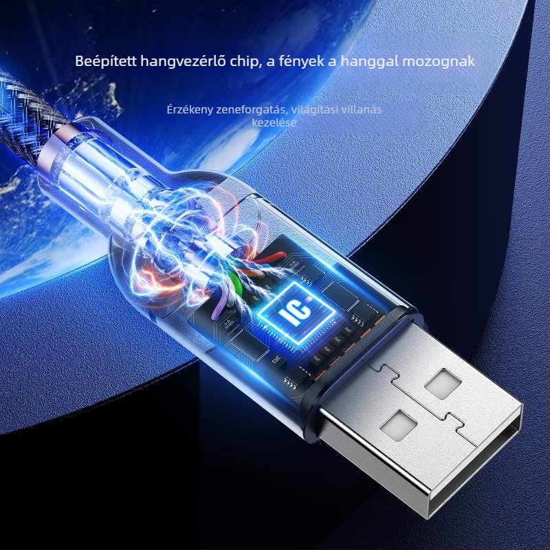 Egyszeres végű gyorstöltő adatkábel USB-C és Lightning-hez, világító hangaktivált szenzorral, kötött kivitel, maximális kimeneti teljesítmény 480