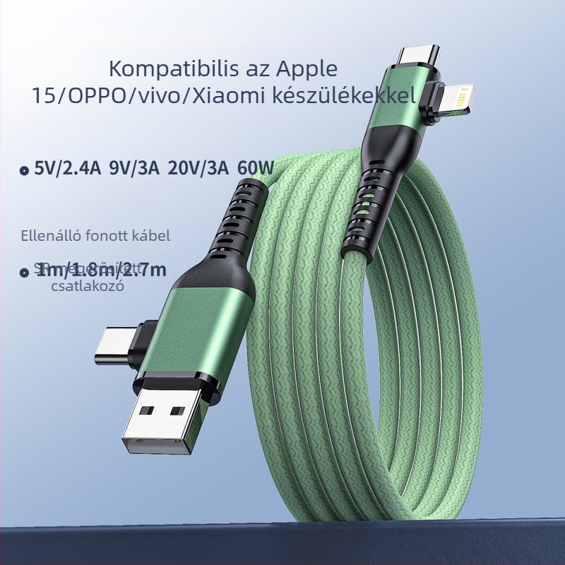 4 az 1-ben USB-C adatkábel, 60W gyors töltéssel, támogatja a Lightning, OTG és USB-C interfészeket