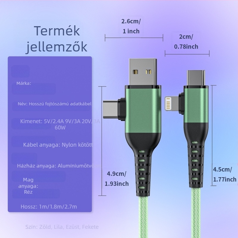 4 az 1-ben USB-C adatkábel, 60W gyors töltéssel, támogatja a Lightning, OTG és USB-C interfészeket