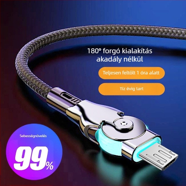 Anflo forgó LED-es bővített adatkábel Micro USB és USB-C-vel, gyors töltés, 65W, fonott kivitel, egy végű csatlakozóval