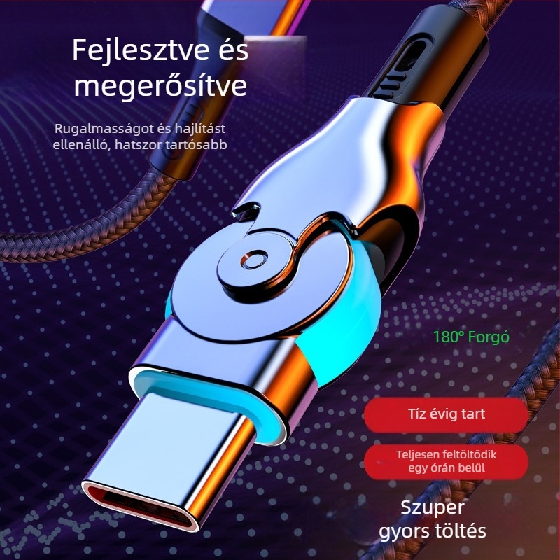 Anflo forgó LED-es bővített adatkábel Micro USB és USB-C-vel, gyors töltés, 65W, fonott kivitel, egy végű csatlakozóval