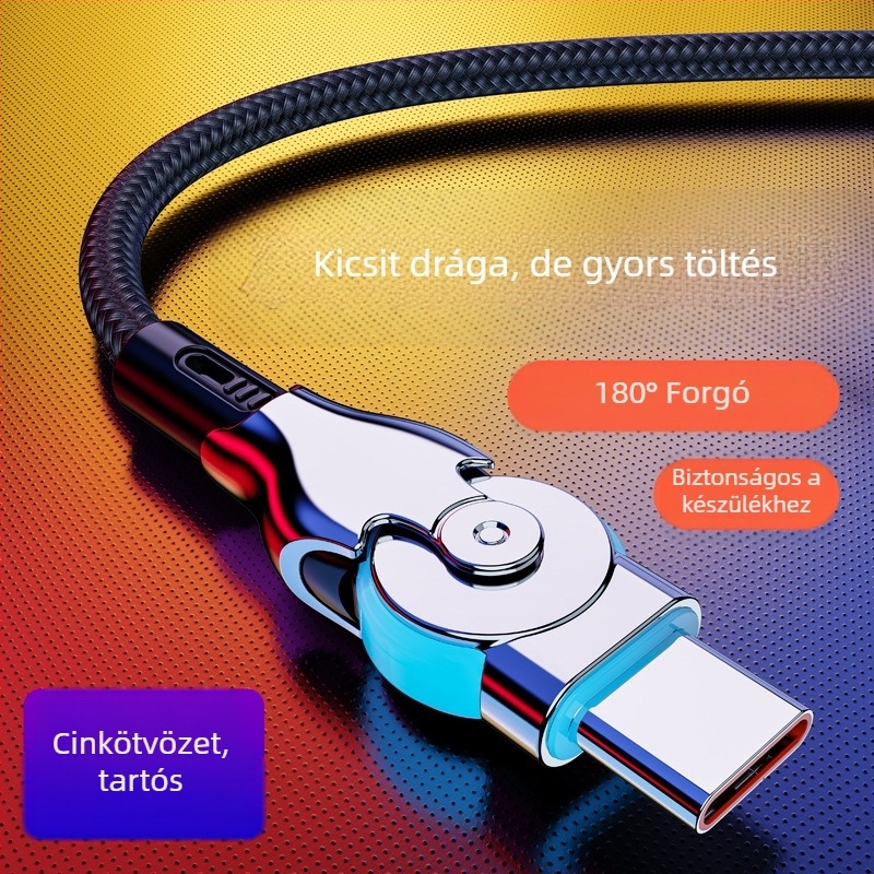 Anflo forgó LED-es bővített adatkábel Micro USB és USB-C-vel, gyors töltés, 65W, fonott kivitel, egy végű csatlakozóval