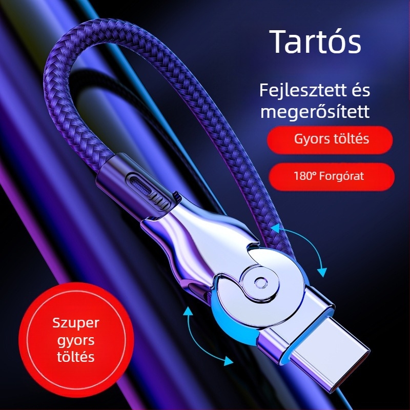 Anflo forgó LED-es bővített adatkábel Micro USB és USB-C-vel, gyors töltés, 65W, fonott kivitel, egy végű csatlakozóval