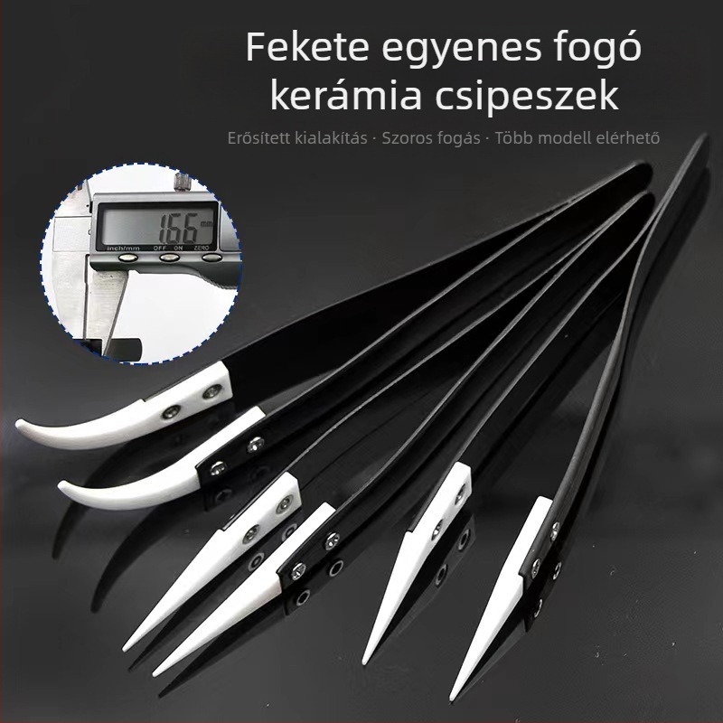 Precíziós csipesz kerámiavégűvel és rozsdamentes acél testtel, anti-mágneses, saválló, hegyes hajlított végű