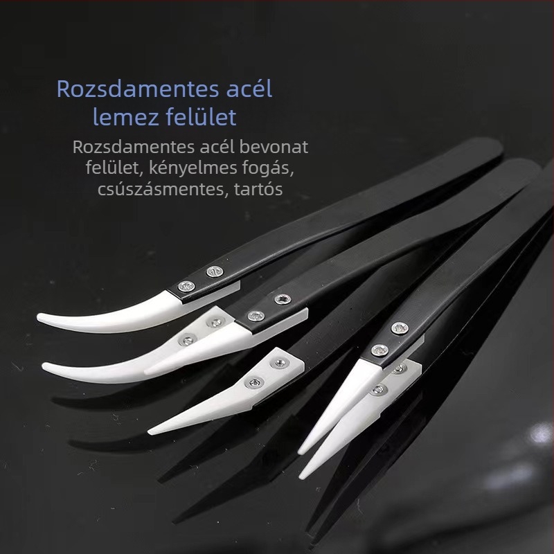 Precíziós csipesz kerámiavégűvel és rozsdamentes acél testtel, anti-mágneses, saválló, hegyes hajlított végű