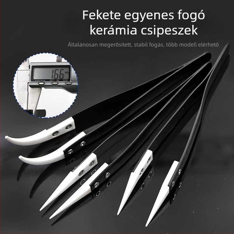 Precíziós csipesz kerámiavégűvel és rozsdamentes acél testtel, anti-mágneses, saválló, hegyes hajlított végű