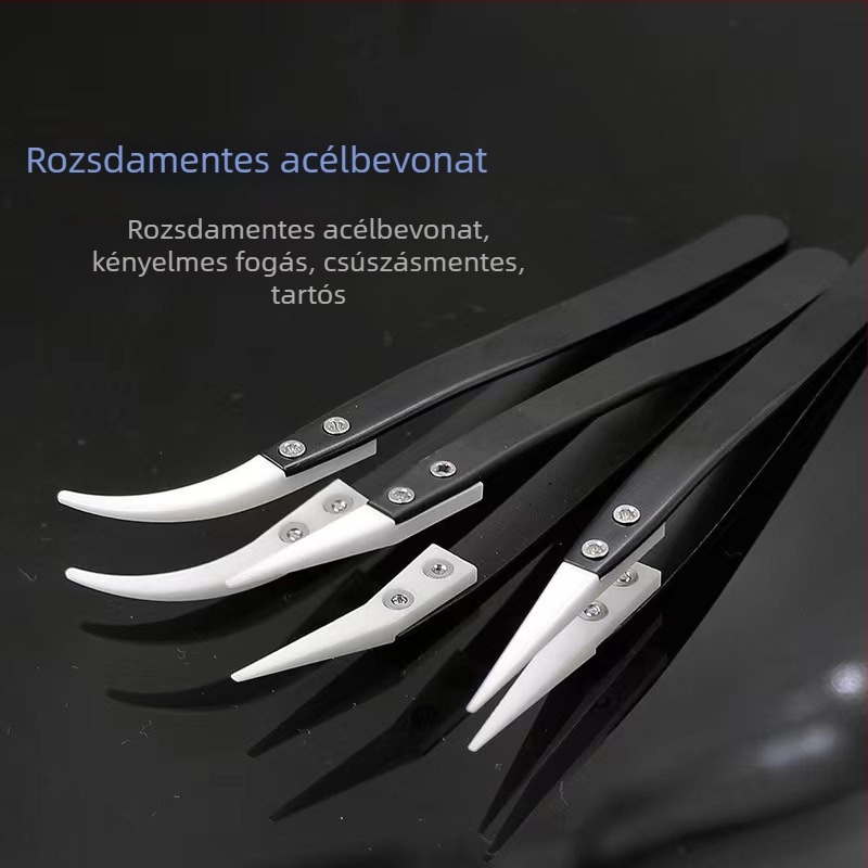 Precíziós csipesz kerámiavégűvel és rozsdamentes acél testtel, anti-mágneses, saválló, hegyes hajlított végű