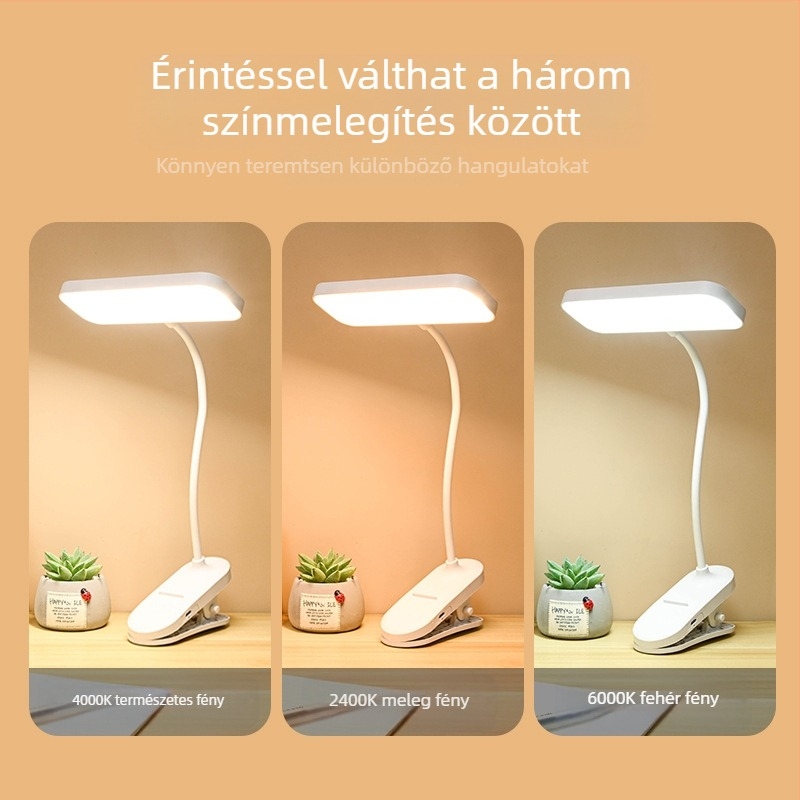 Csipeszes LED szemvédő asztali lámpa, USB-re tölthető, beépített akkumulátor, érintéses vezérlés, modern minimalist dizájn.