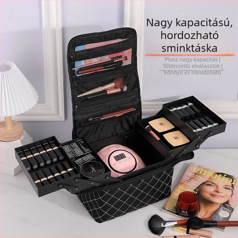 Többszintes kozmetikai tároló táska, PVC anyag, kockás mintázat, poliészter bélés, vízálló