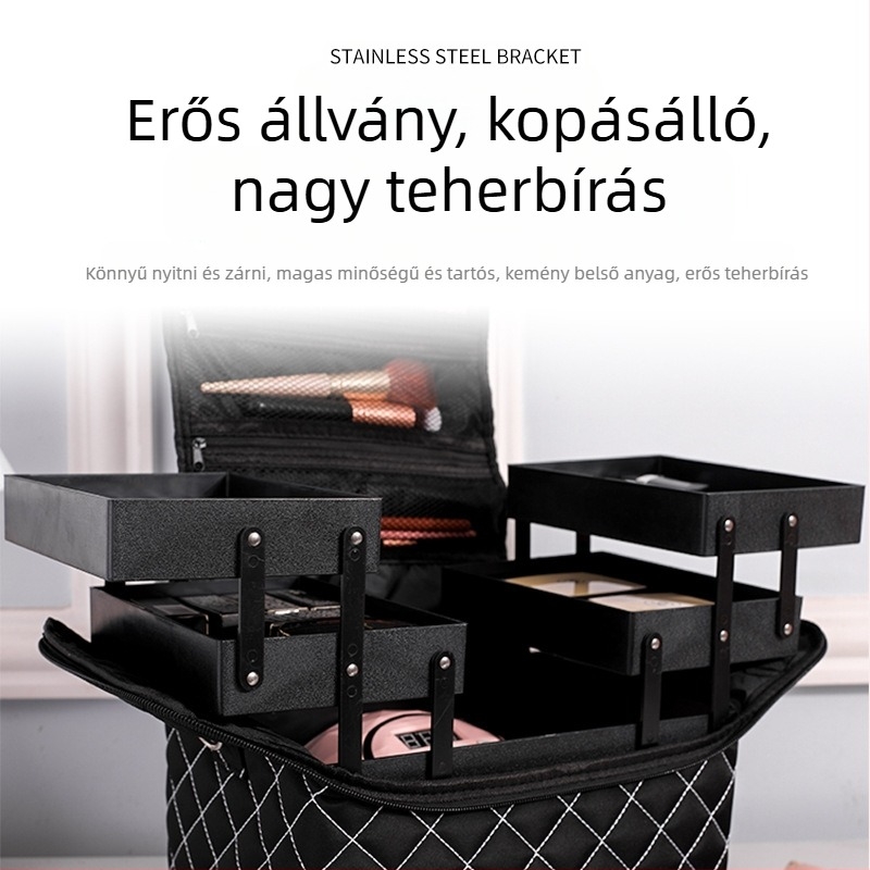 Többszintes kozmetikai tároló táska, PVC anyag, kockás mintázat, poliészter bélés, vízálló