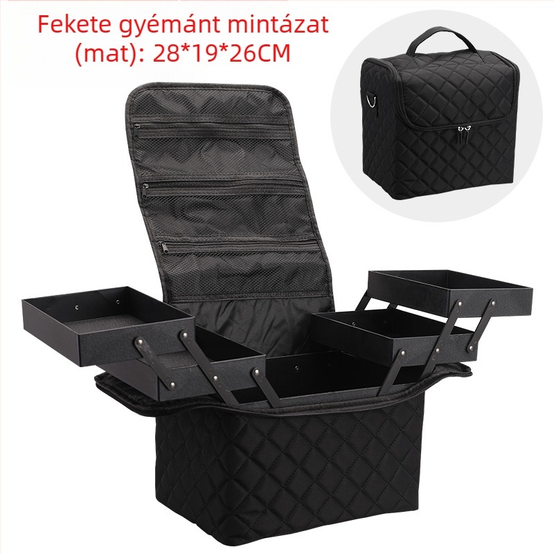 Többszintes kozmetikai tároló táska, PVC anyag, kockás mintázat, poliészter bélés, vízálló