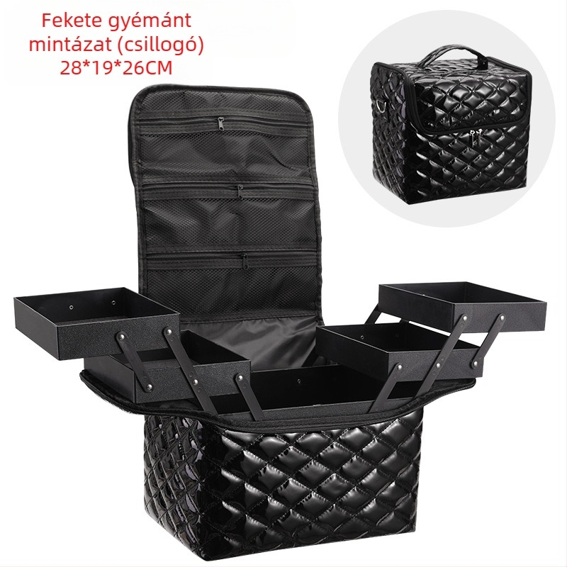 Többszintes kozmetikai tároló táska, PVC anyag, kockás mintázat, poliészter bélés, vízálló
