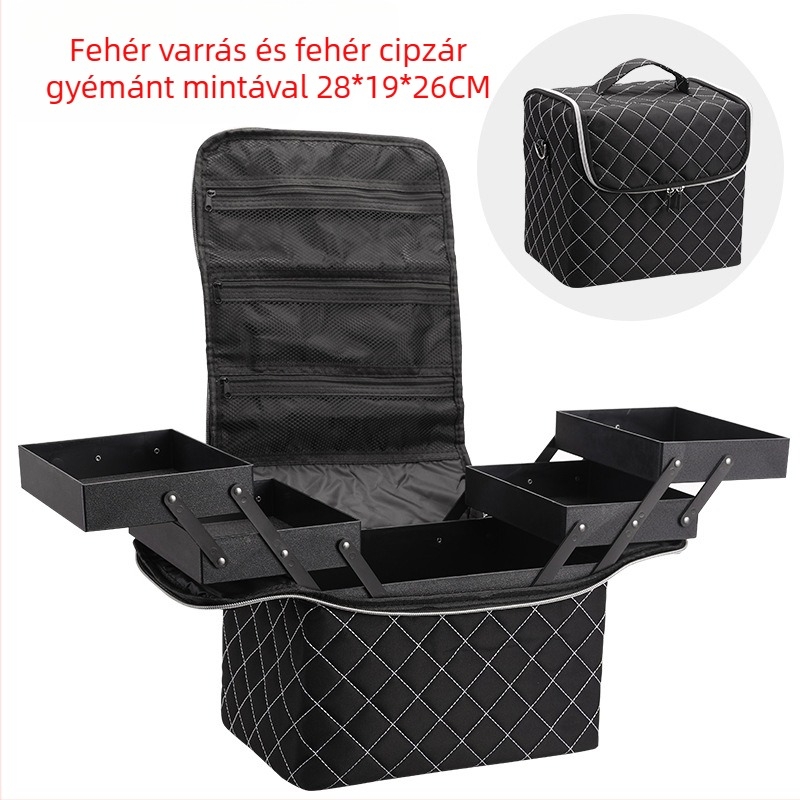 Többszintes kozmetikai tároló táska, PVC anyag, kockás mintázat, poliészter bélés, vízálló