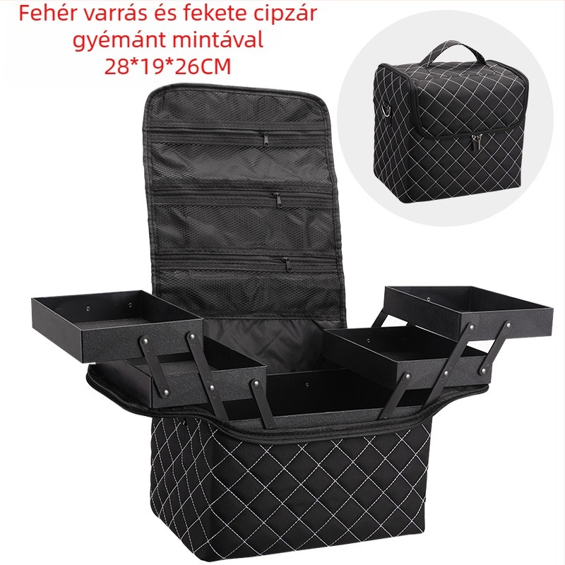 Többszintes kozmetikai tároló táska, PVC anyag, kockás mintázat, poliészter bélés, vízálló