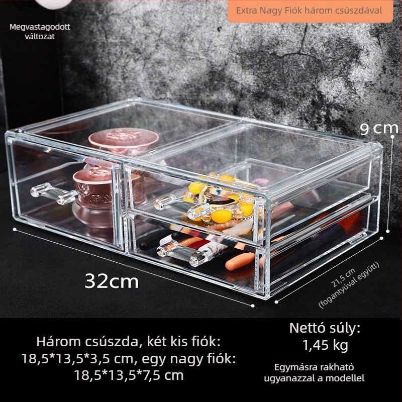 Átlátszó kozmetikai tároló fiókos kivitelben az asztalhoz, PS műanyagból; 4 darabos készlet; 2 kg