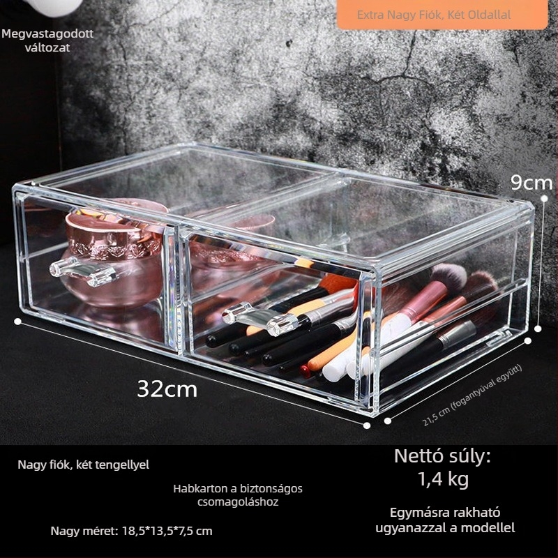 Átlátszó kozmetikai tároló fiókos kivitelben az asztalhoz, PS műanyagból; 4 darabos készlet; 2 kg