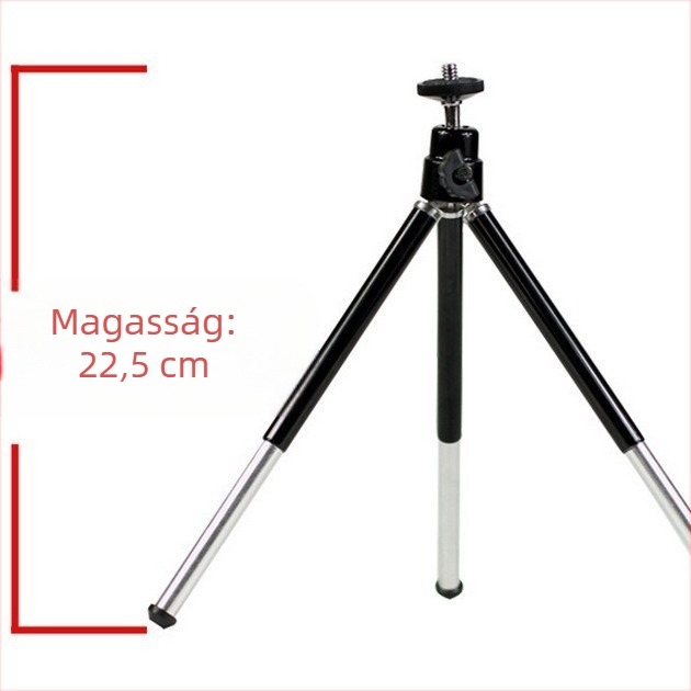 Mini asztali telefonhoz tervezett tripod, 2-szekciós teleszkópos – alumínium-plasztikából készített; kompatibil 45–85 mm-es telefonokhoz; magasság 11–22 cm; maximális teher 1