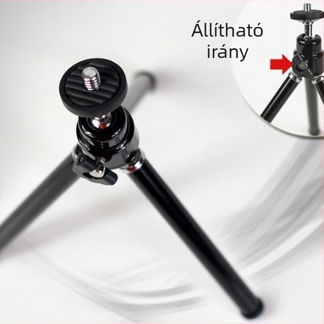 Mini asztali telefonhoz tervezett tripod, 2-szekciós teleszkópos – alumínium-plasztikából készített; kompatibil 45–85 mm-es telefonokhoz; magasság 11–22 cm; maximális teher 1